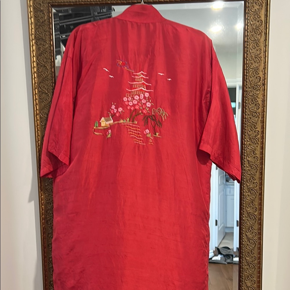 Silk Vintage Red Embroidered Kimono Robe